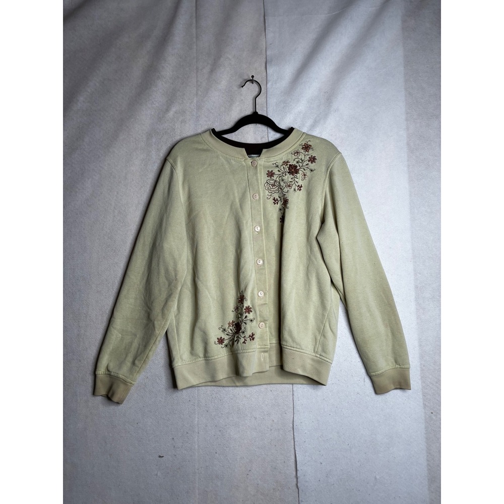 Shenanigans‎ Vintage Floral Embroidered Cardigan Sweatshirt Sage Green Large
